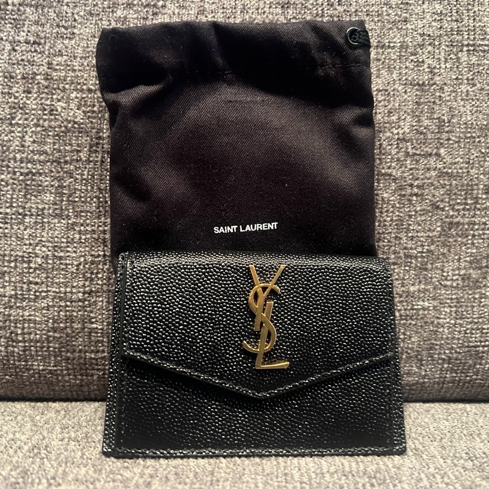 Saint Laurent Black Textured Leather Card Case with Gold YSL Emblem